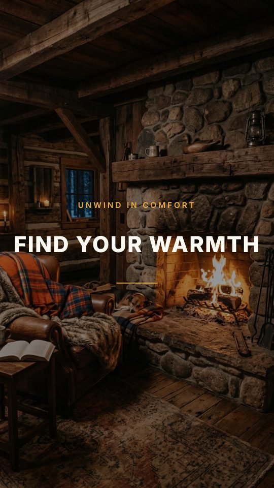 A Motio frame: a cabin fireplace interior with the words Find your warmth.