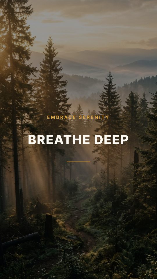 A frame made by Motio: a misty pine forest with the words Breathe deep.