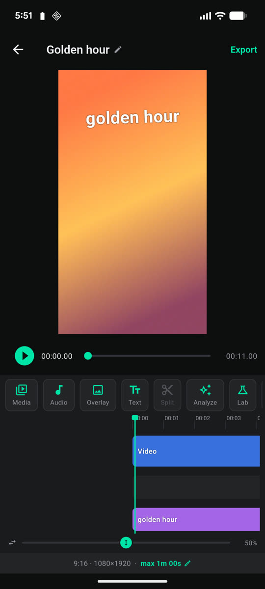 The Reeledit editor: a vertical video preview with a text overlay above a timeline of video and overlay tracks.
